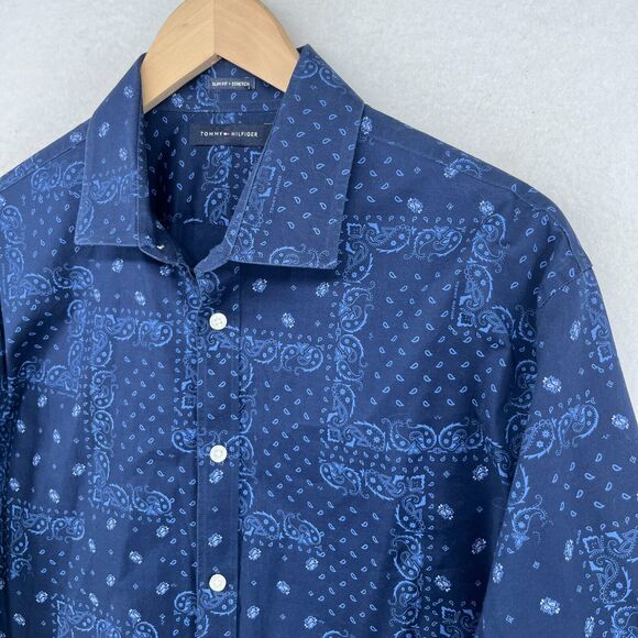 Tommy Hilfiger Other - TOMMY HILFIGER Shirt Mens 17 34/35 XL Bandana Paisley Slim Stretch Cotton Blue